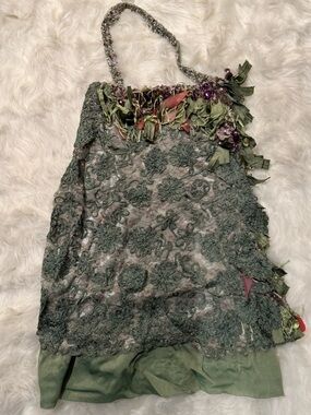 Green Floral Lace Slip Dress with Ribbon Trim